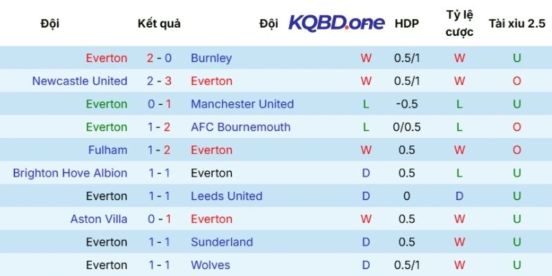 Hiệu suất ra sân của Everton