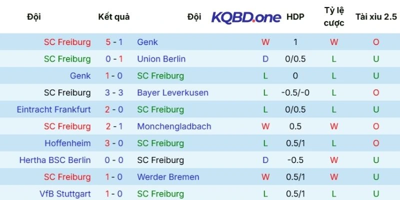 Kết quả tranh tài các vòng vừa qua của Freiburg